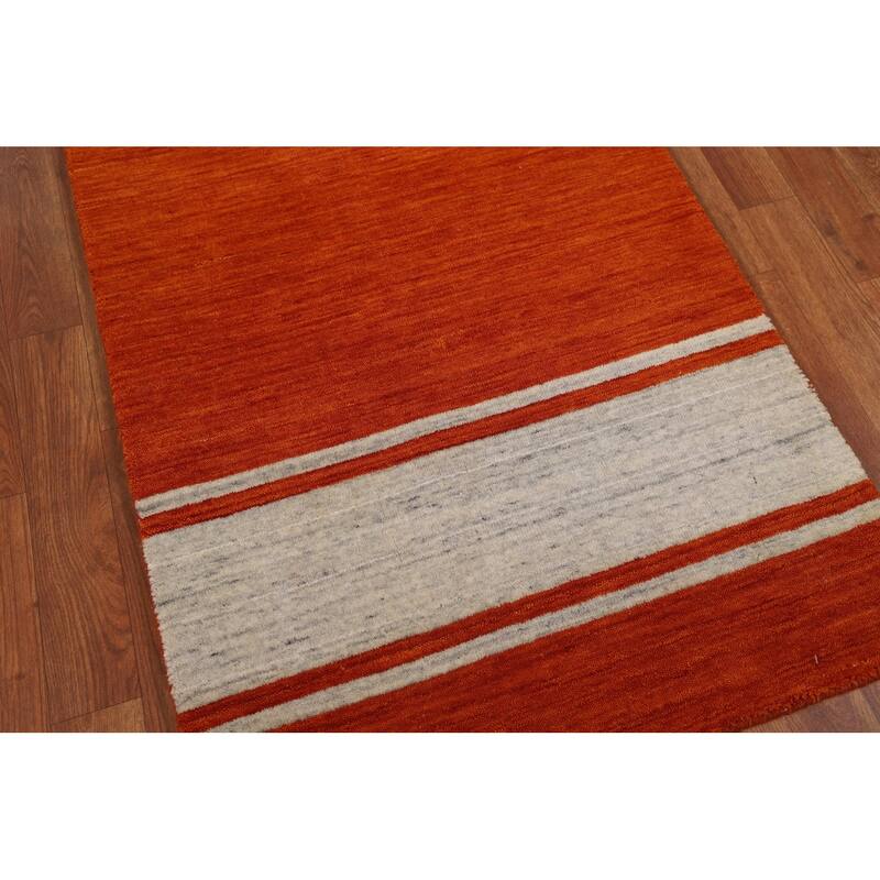 Hand Knotted Oriental 100% Wool Carpet Tribal Stripe Oranges & Rust Gabbeh Runner Rug - 10' 9'' X 2' 6''