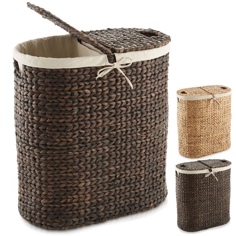 2Section Oval Laundry Hamper Basket w Lids and Liner Bags for Clothes