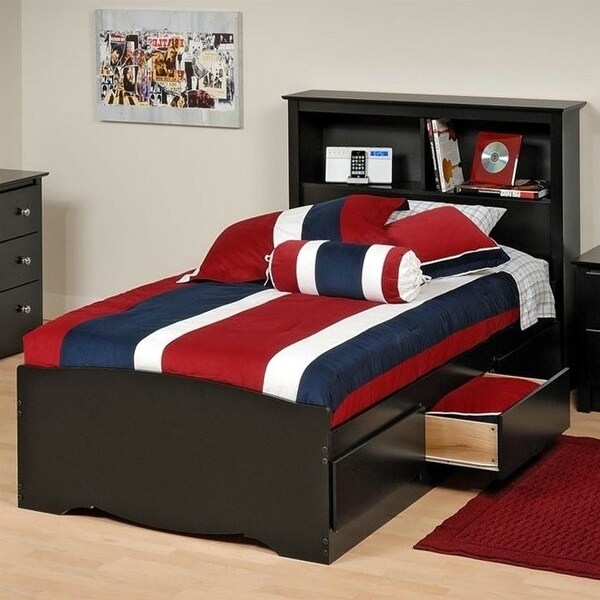 Twin bed frame outlet with shelf headboard