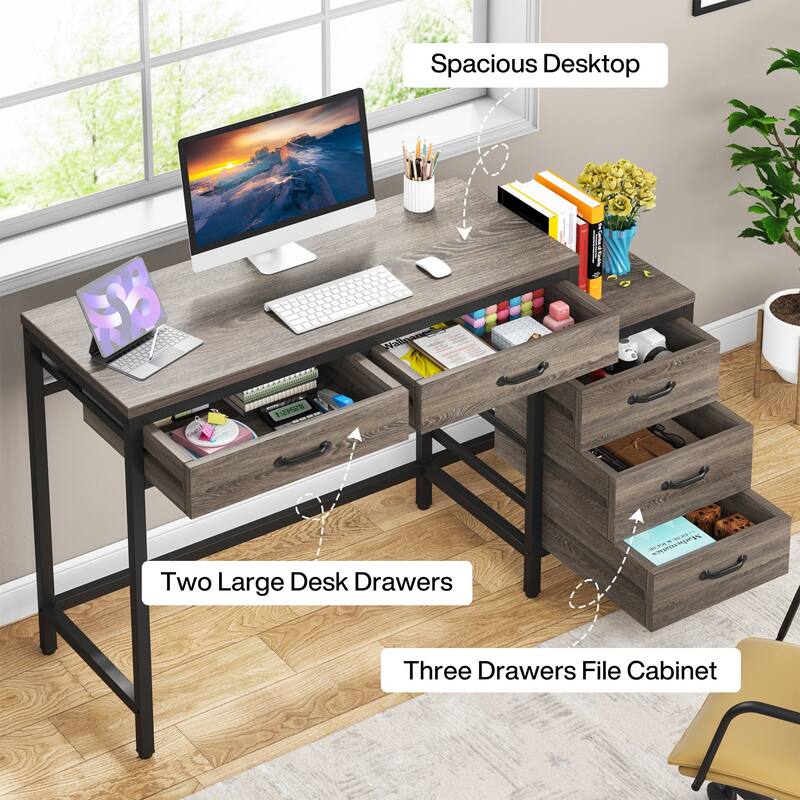Modern Computer Desk with 5 Drawers, Home Office Desks with Reversible Drawer Cabinet Printer Stand