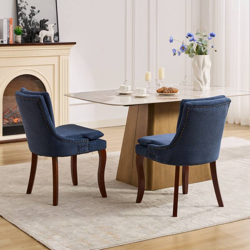 Double-layer Cushioned Dining Chairs Set of 2 Chenille Mid-Back Chair with Nailhead Trim Side Chair with Bent Wood Legs