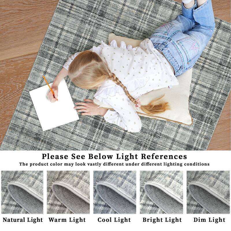 Washable Area Rugs for Living Room Bedroom Modern Plaid Rug Soft Non Slip Low Pile Farmhouse Geometric Rug