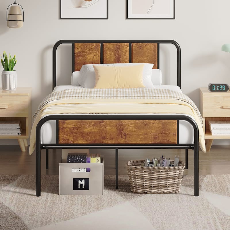 Javlergo Industrial Metal Platform Bed Frame with Headboard and Footboard, No Box Spring Needed, Rustic Brown