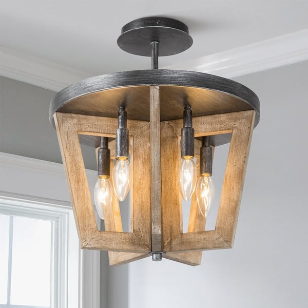 slide 1 of 1, Mid-century Modern Farmhouse 5-light Wood Semi-flush Mount Ceiling Lights - L 14.2" x W 14.2 "x H 14.4" L 14.2" x W 14.2 "x H 14.4" - Wood/Silver