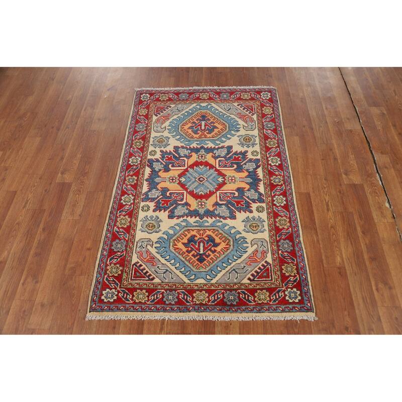 Geometric Kazak Foyer Rug Handmade Beige Wool Carpet - 2'8"x 4'1"