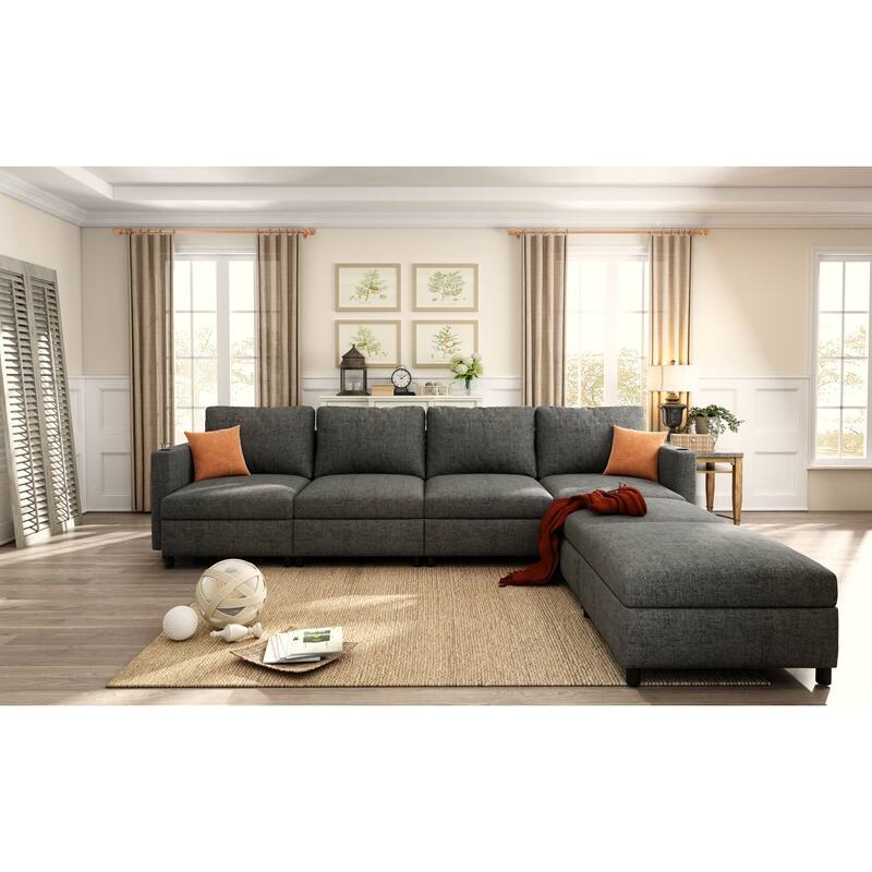 123" U-Shaped Modular 4 Seater Sectional Sofa with Storage Ottomans, Easy Assembly and Transport