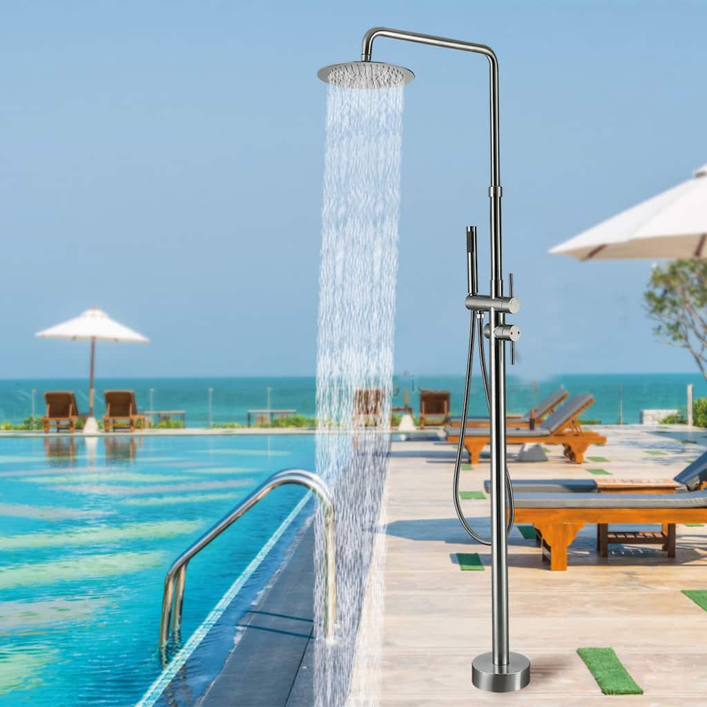 85.82'' H Freestanding Stainless Steel Outdoor Shower, Temperature Controlled Rainfall Shower System