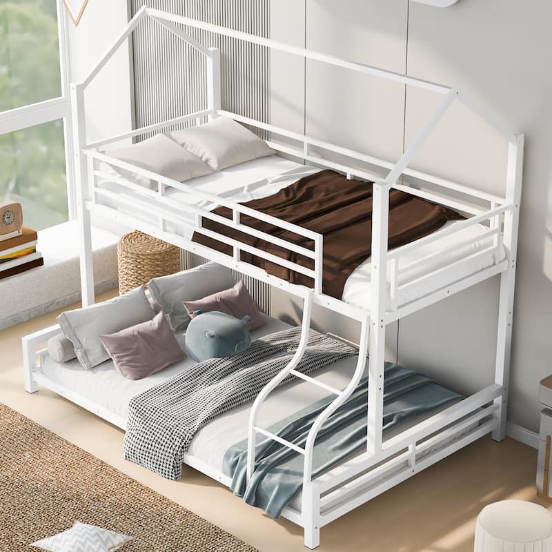 Metal House Bunk Bed with Roof, Ladder, and Fence for Kids
