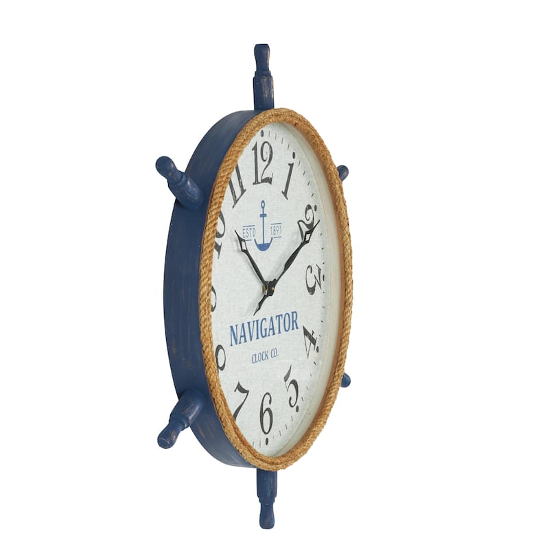 Wood Ship Wheel Decorative Wall Clock with Brown Rope Frame and Blue Spokes - White - Roche River Decor