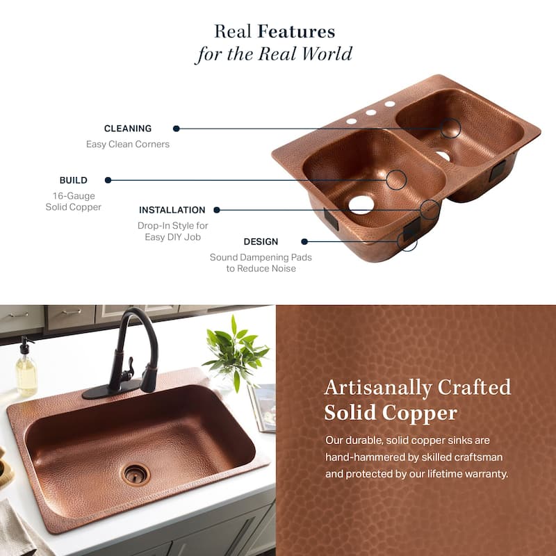 Santi Copper 33" Double Bowl Drop-In Kitchen Sink with 1 Hole
