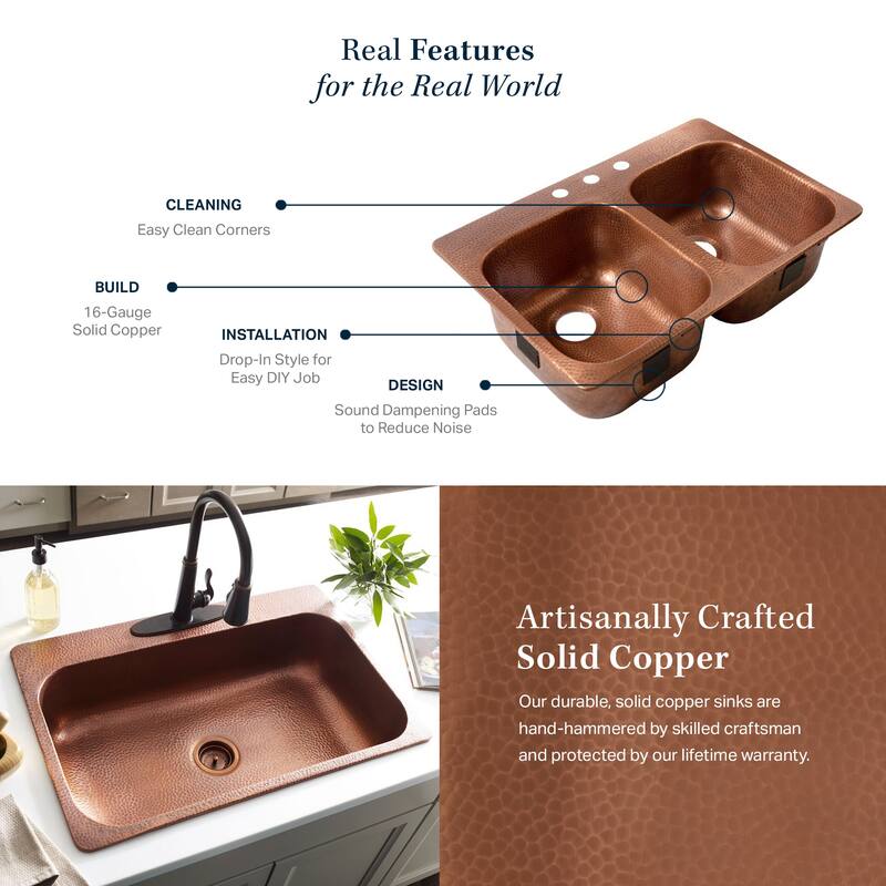Santi Copper 33" Double Bowl Drop-In Kitchen Sink with 3 Holes