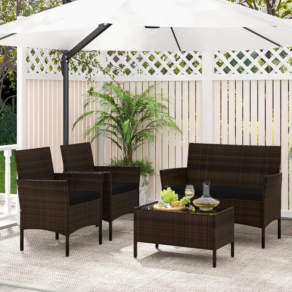 Gymax 4 Piece Patio Rattan Conversation Set Outdoor Wicker Furniture