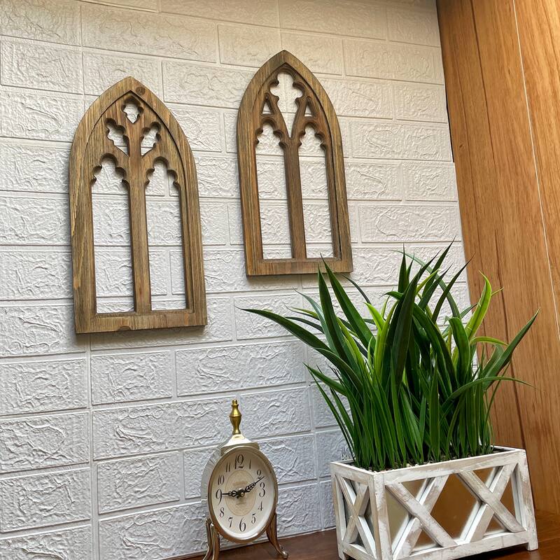 Washed Wood Gothic Arch Window Frame Wall Decor 2 Piece Set