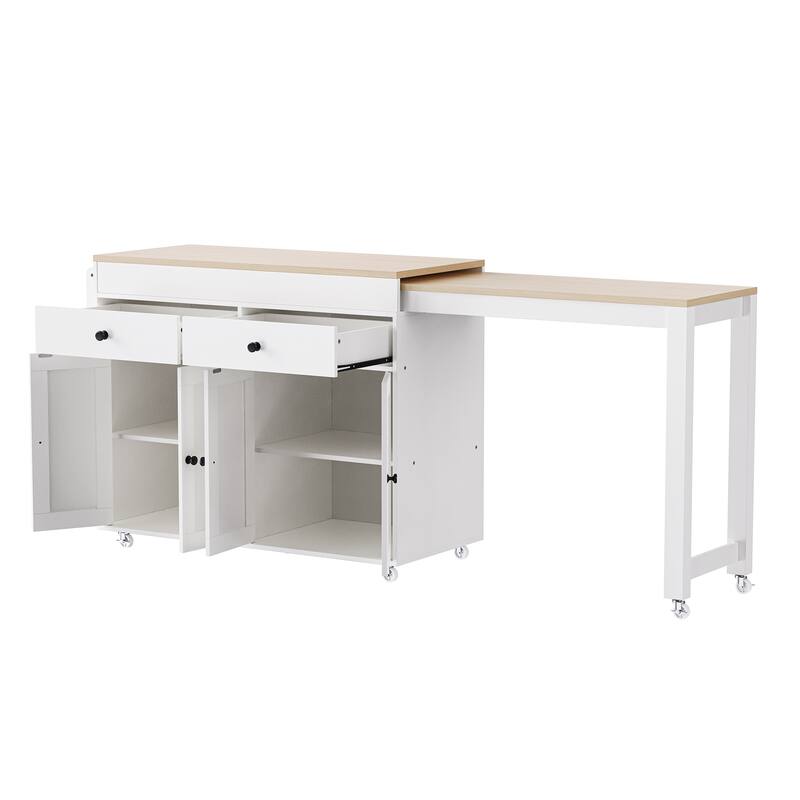 Kitchen Island with Extendable Dining Table, Rolling Island Cart on Locking Wheels, Breakfast Bar with 2 Drawers & 4 Door