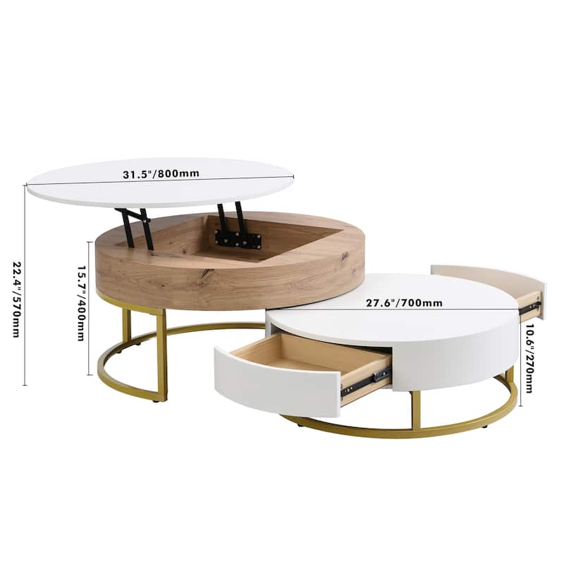 Round Lift-top Nesting Coffee Table w/ 2 Drawer & Metal Frame, Modern Nesting Table Set of 2, Luxury Accent Side Table End Table