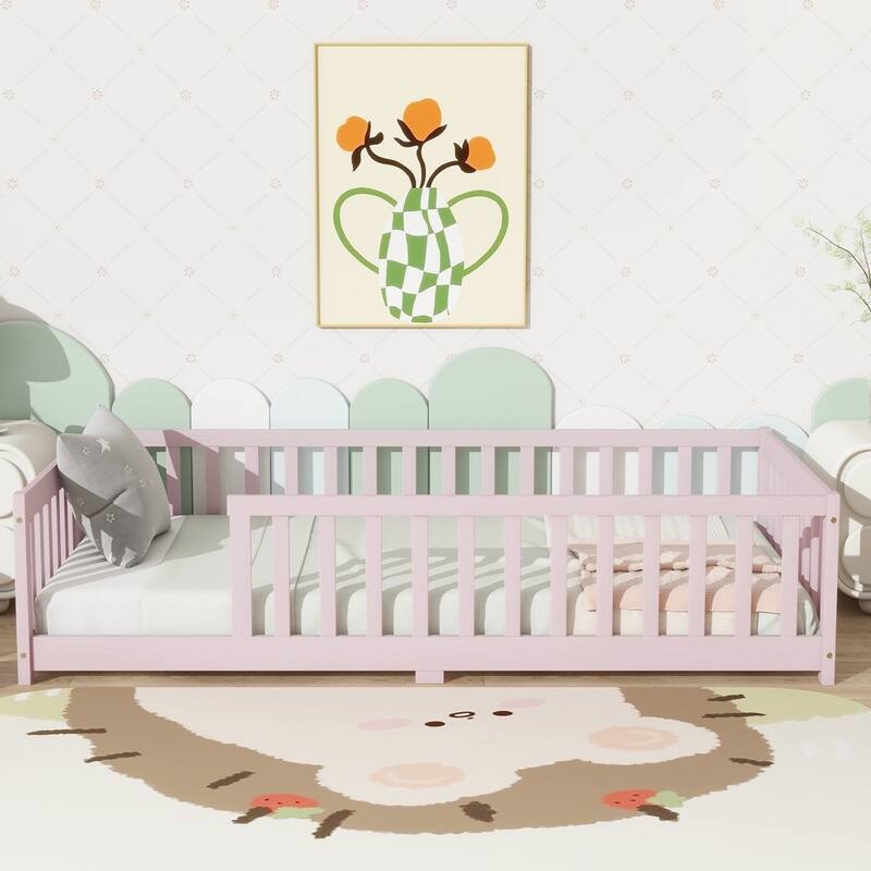 Rubber Wood Floor Bed with Fence without Door