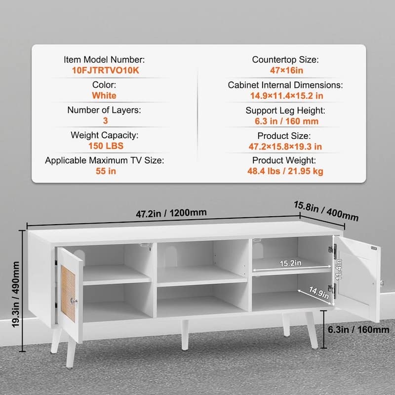 Rattan TV Stand for 55" Entertainment Center with Rattan Door White - 47 inches in width