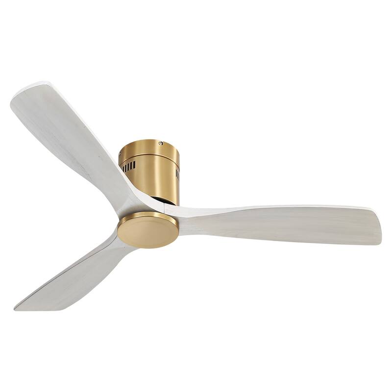 Sofucor 52 Inch Solid Wood Flush Mount Indoor Ceiling Fan without Light,Remote Control,Smart Optional - Remote Control - Brass and Light Gray Blades