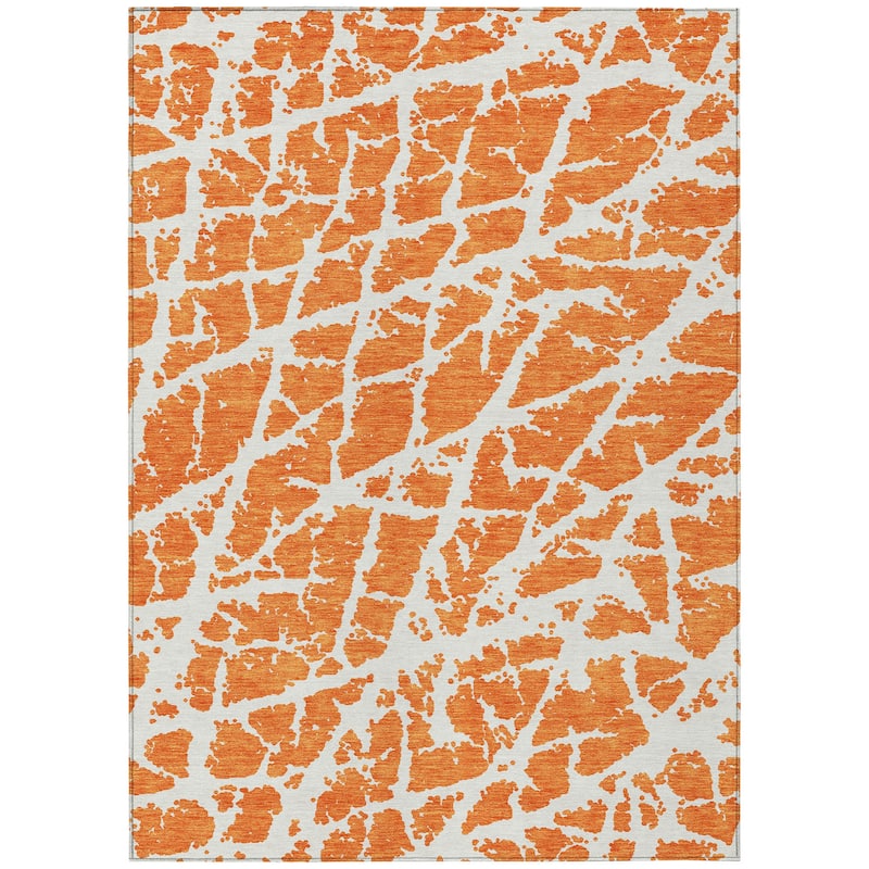 Machine Washable Indoor/ Outdoor Transitional Orange Crackle Chantille Rug