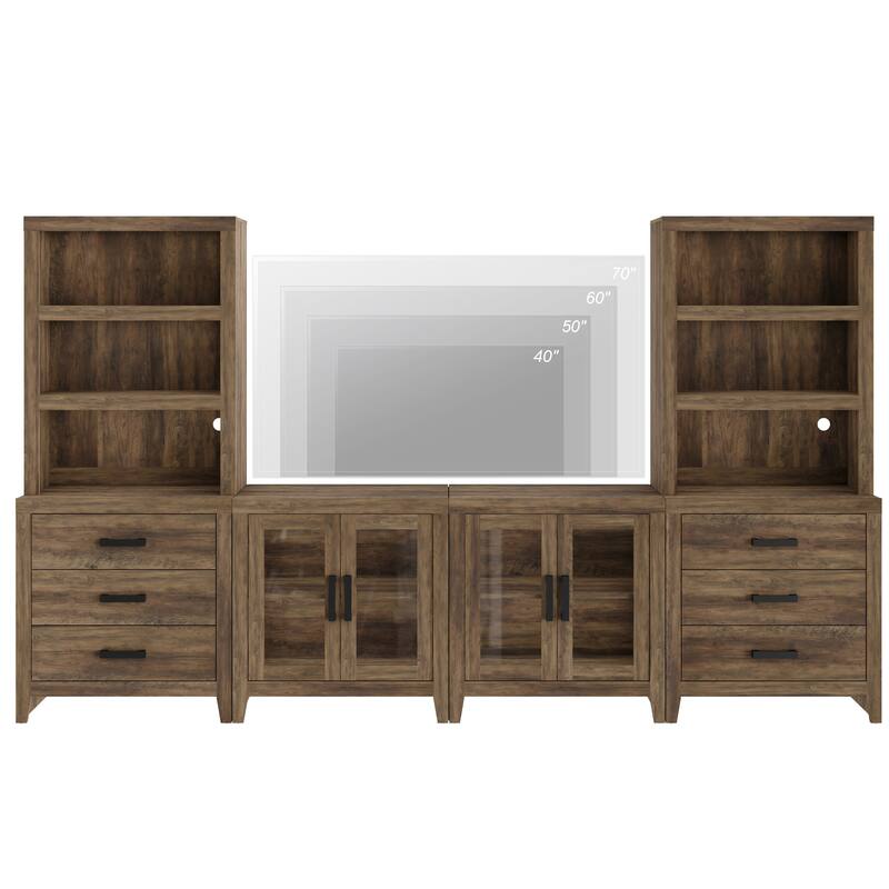 WAMPAT Farmhouse Entertainment Center with Bookshelves, Modular TV Stand with Drawers & Glass Doors - 126"W x 72.2"H x 15.4"D