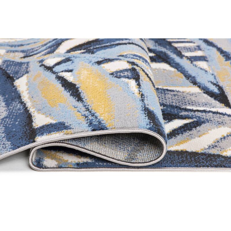 Lela Collection Blue, Grey, and Ivory Tropical Leaf Polyester Rug