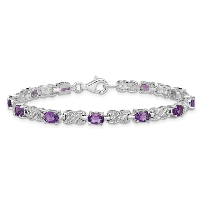Curata 925 Sterling Silver 7" 5mm Genuine Gemstone and Diamond X Bracelet