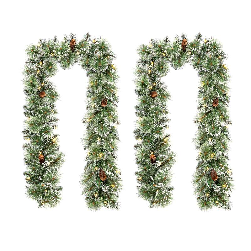 Glitzhome 9ft & 6ft Pre-Lit Frosted Greenery Pinecones Christmas Garland - 6ft *2