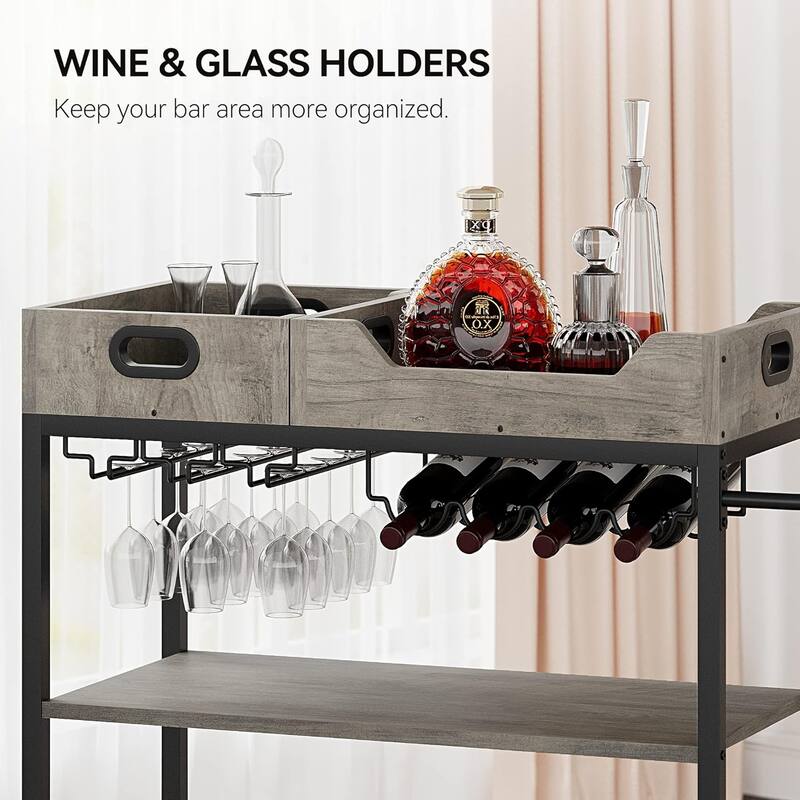 3 Tier Home Bar Serving Cart with Wine Rack and Glass Holders