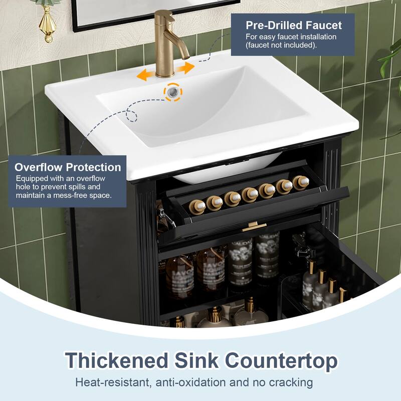 20" Bathroom Freestanding Vanity with Ceramic Sink,Solid Wood Legs,Adjustable Shelf,Tilt-Out Drawer