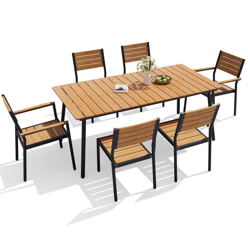 7-Piece Outdoor Patio Dining Set Wood-Like Table Top Alumium Umbrella Hole Table with Stackable Chairs