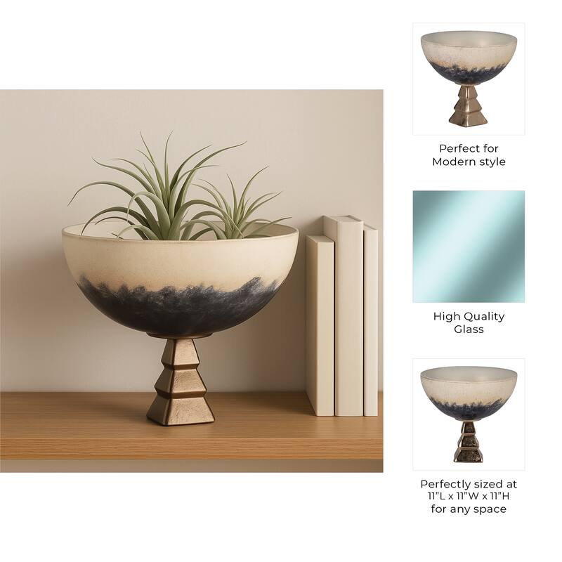 Modern Decorative Round Metal Bowl with Stand - 11", Ivory & Blue - 11.0"