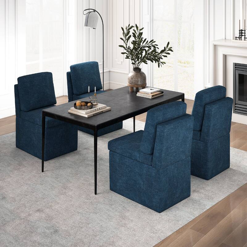 Upholstered Dining Chair with Under Seat Storage- Armless - Set of 4 - Dark Blue