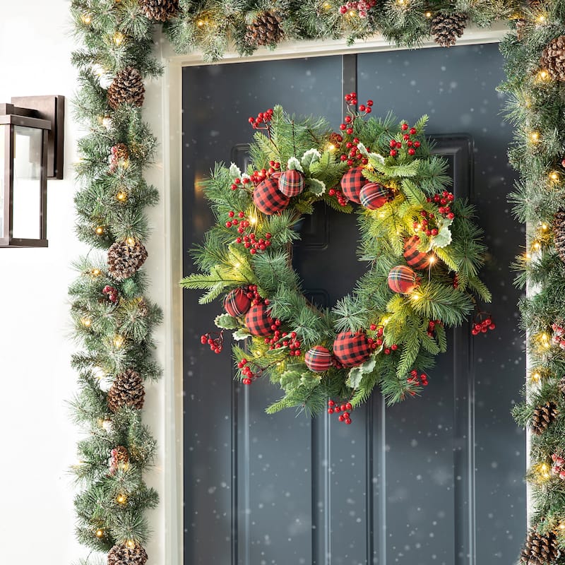 Glitzhome 24"D Ornament Berry Holly Pine Wreath With Lights and Timer Christmas Wall Decor