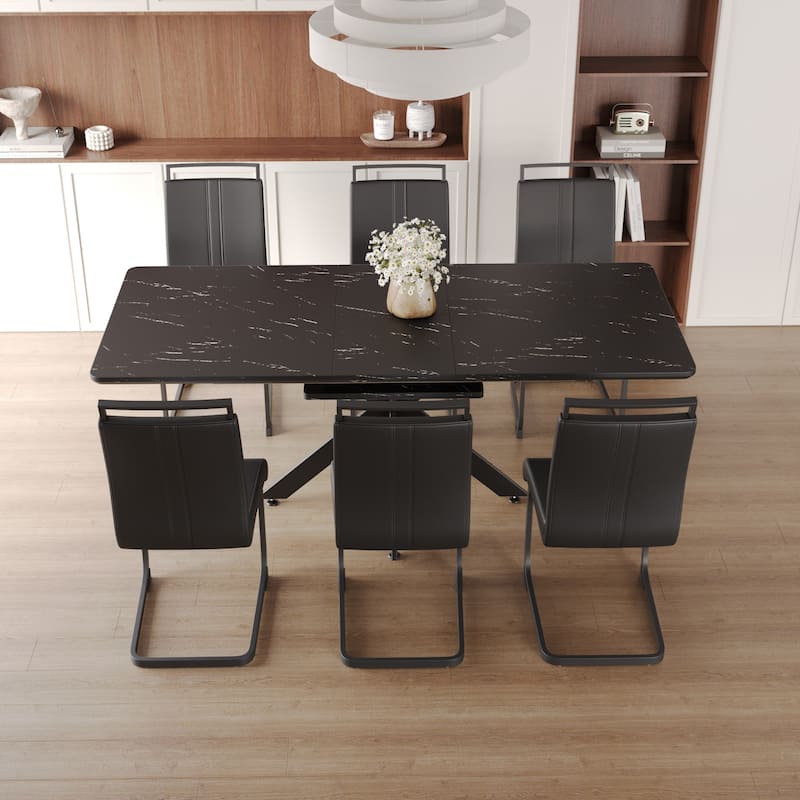Modern Dining Set with Rectangular Extendable Table & High Back C-shaped Tube Armless Chairs