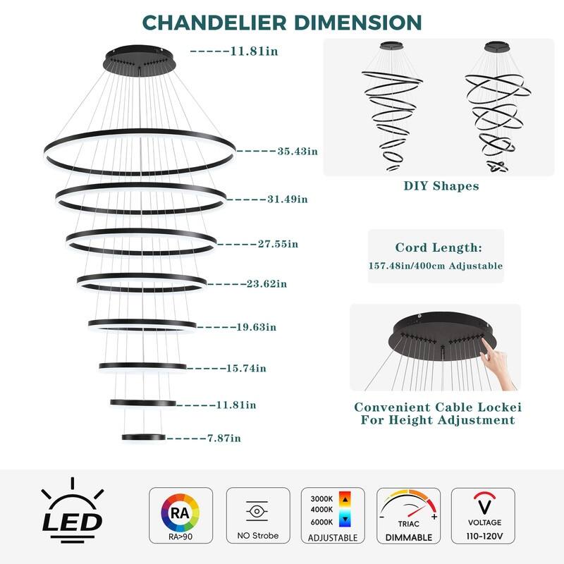 Modern Ring LED Chandelier Ring Adjustable Ceiling Light with Remote Control for High Ceilings