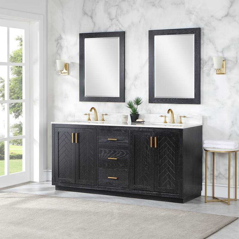 Altair Gazsi Bathroom Vanity with Composite Stone Countertop with Mirror - 72 in. - Black Oak + Warm Gold Hardware