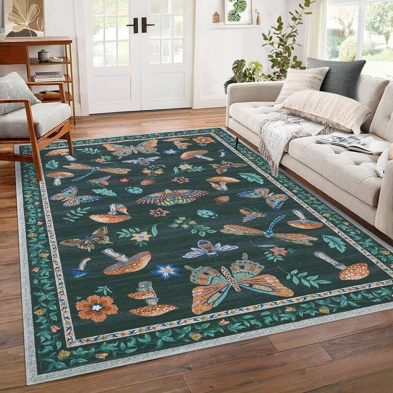 Area Rugs for Living Room Modern Insect Rug Mushroom Pattern Rug Soft Washable Non Slip Low Pile Rug - 8'x10' - Black