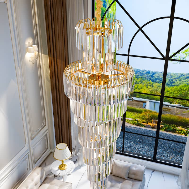 Extra Large Long Grand Spiral Crystal Chandelier Ceiling LED Tiered Pendant Light with Gold Frame