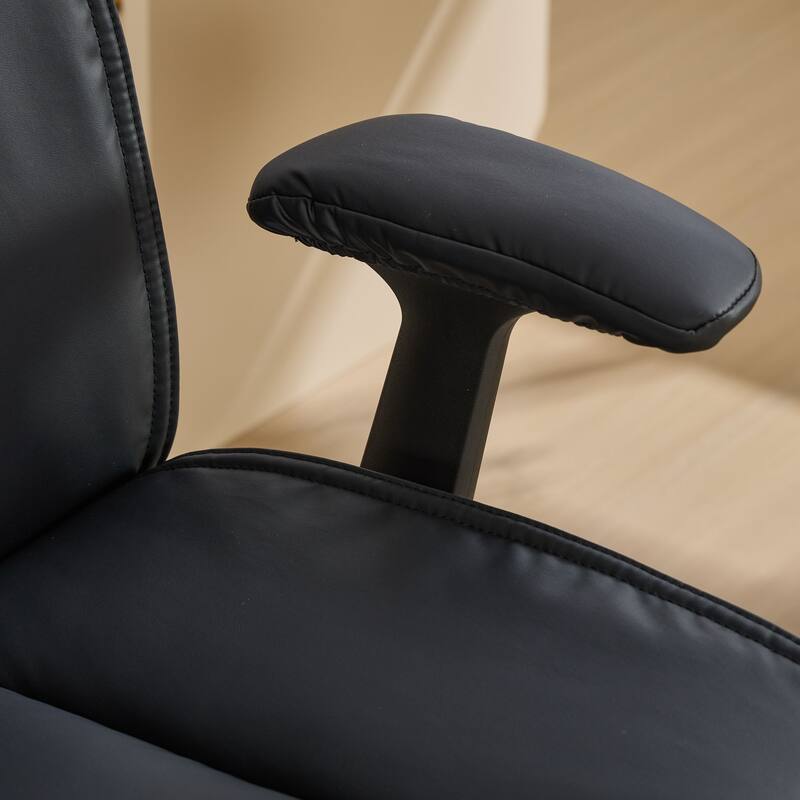 Black Leather Office Chair with Crossed Legs & Flip-Up Armrests