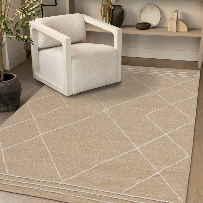 Beige Cream Diamond Lattice Handmade Wool Rug