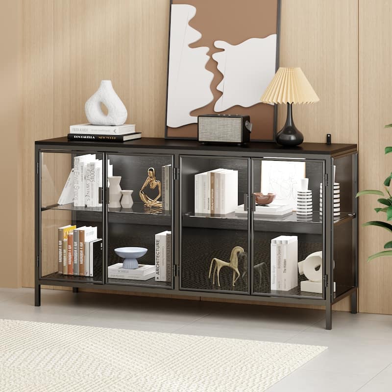 Modern Black Glass Storage and Display Cabinet: Adjustable Lighting, Ample Storage & Stylish Design