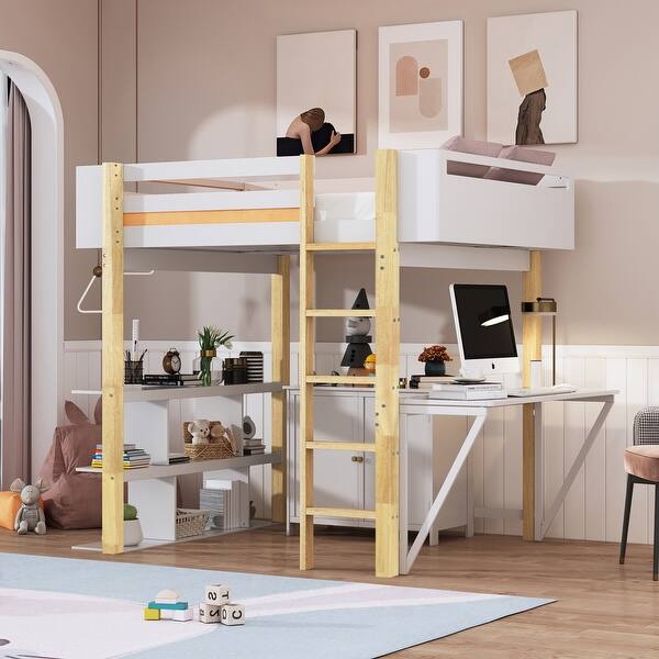 slide 2 of 39, Full Size Stylish Design Wood Loft Bed With Built-in Storage Cabinet and Cubes,Foldable desk,Modern Design,White White