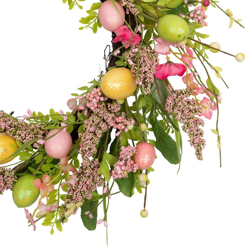Glittered Eggs, Hibiscus and Berries Artificial Easter Twig Wreath - 20" - Pink and Green
