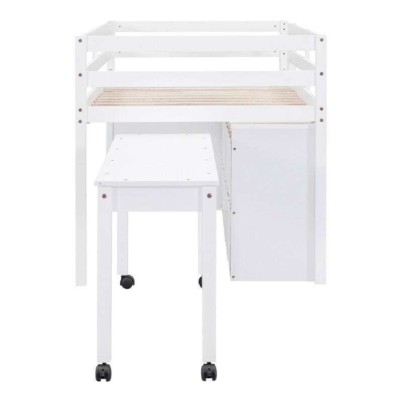 Twin/Full Size Low Loft Bed with Retractable Writing Desk and 4 Drawers, Wooden Loft Bedframe w/ Lateral Portable Desk & Shelves