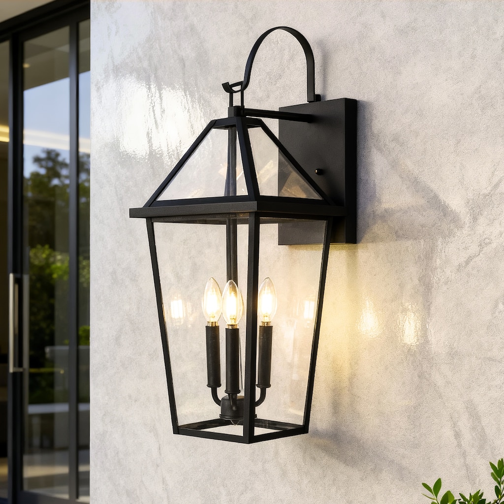 26 in. 3-Light Black Outdoor Hardwired Wall Lantern Sconce with Clear Glass Shade