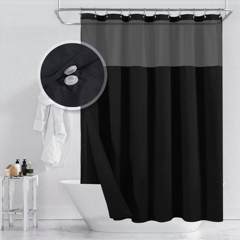 Cotton Blend Honeycomb Waffle Shower Curtain with Snap-in Liner