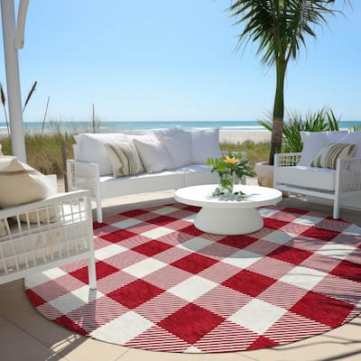 Machine Washable Indoor/ Outdoor Chantille Plaid Rug