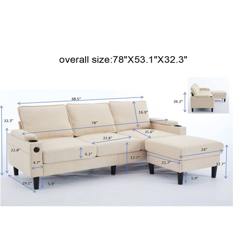 3 Seat L Shaped Sectional Sofa with Storage Ottoman and USB Port