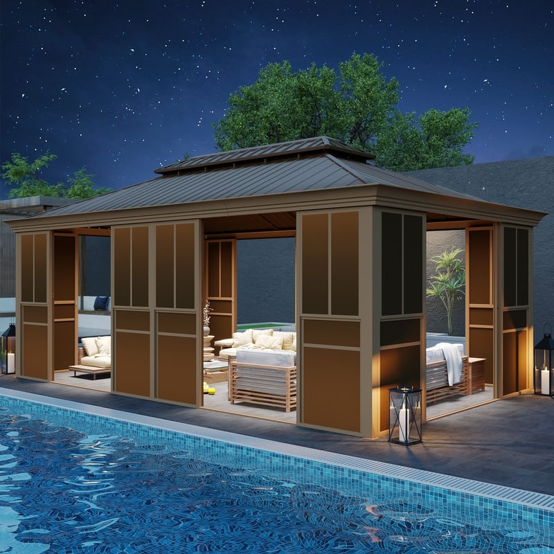 Hardtop Sunroom with Double Steel Roof, Sliding/Lockable Doors & Screens - All-Season Rustproof Aluminum Frame,Advanced Drainage