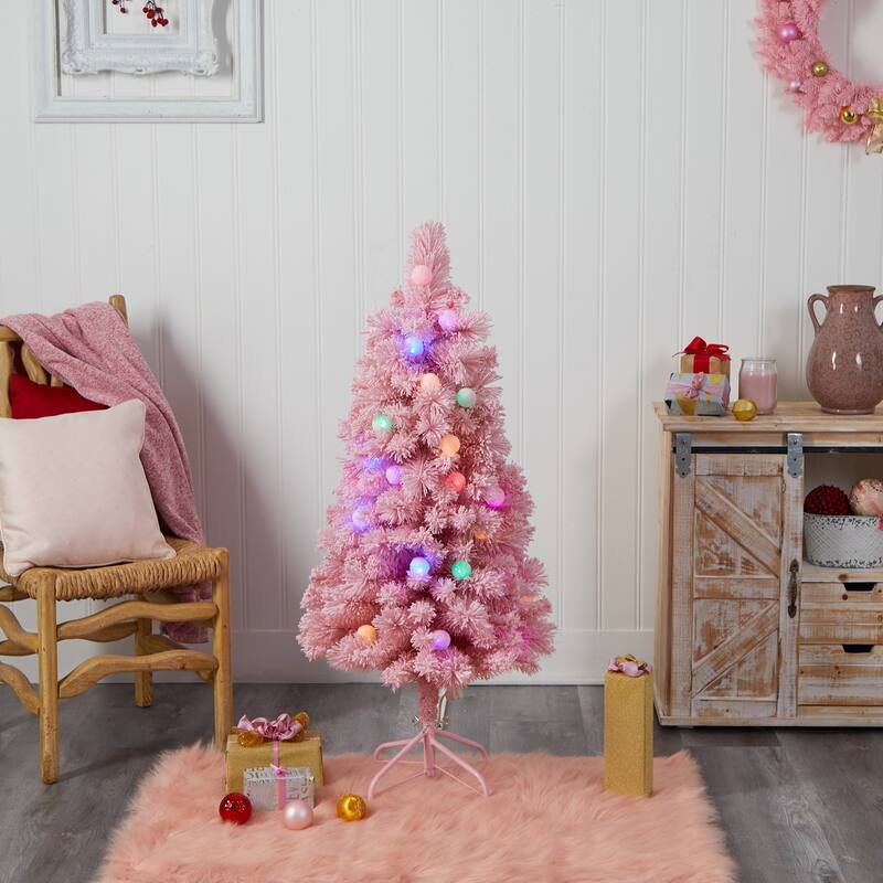 4’ Pre-Lit Pink Flocked Artificial Christmas Tree, Multicolor LED Lights - 4 Foot